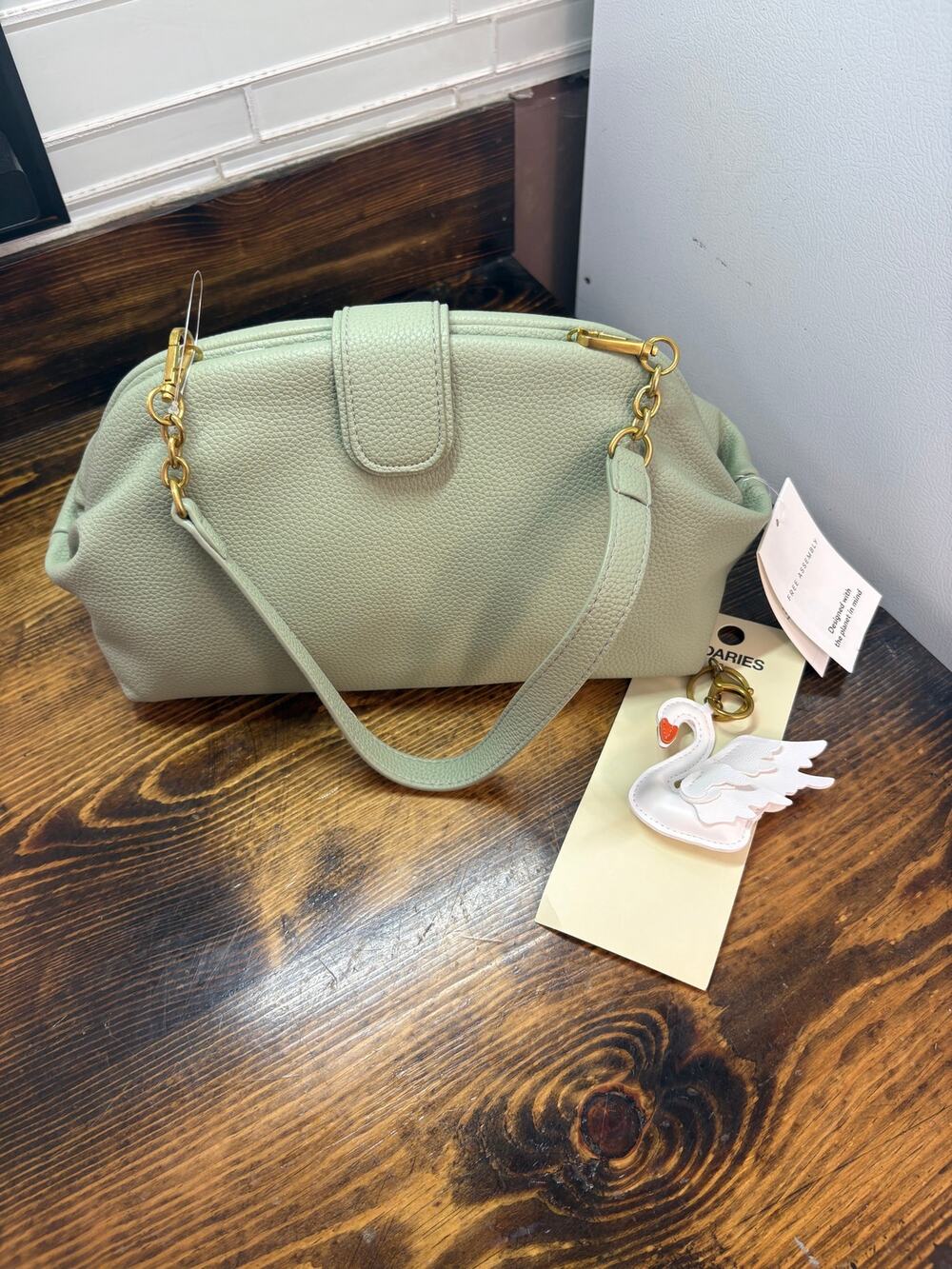 Free Assembly Sage Green Faux Leather Clutch Handbag And Bag Charm
